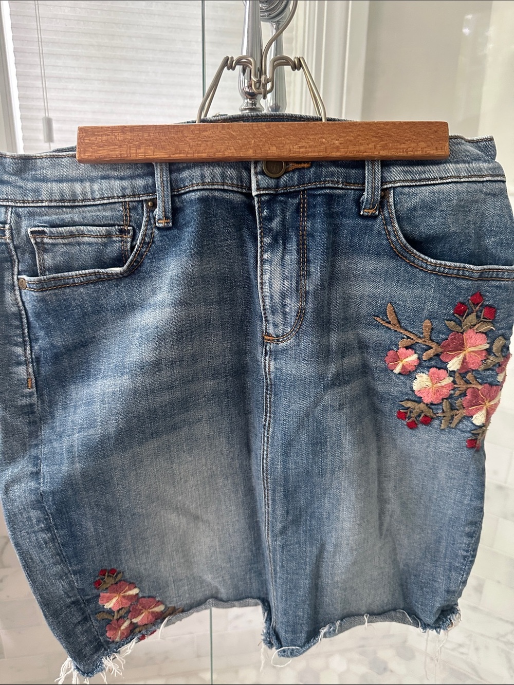 DRIFTWOOD Blue Denim Skirt-Style Jeans with Pink & Red Floral Embroidery